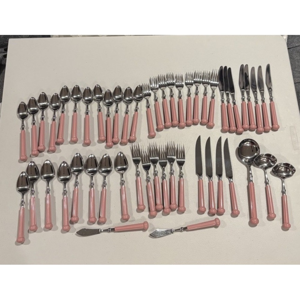52 Pc VTG Oxford Hall Japan Pink Resin Flatware Set MCM Retro Silverware Lot